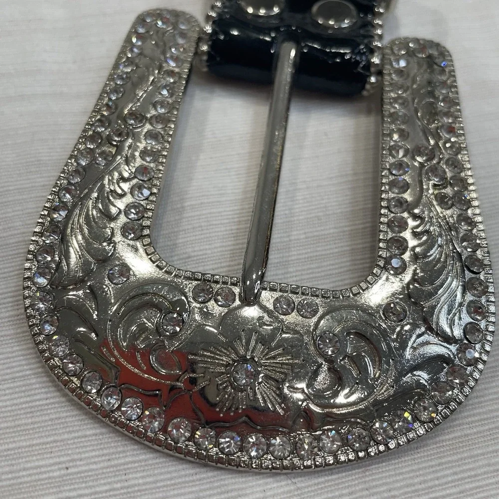 Blazin Roxx Womens Black Leather Rhinestone Western Belt Fleur De Lis 46in